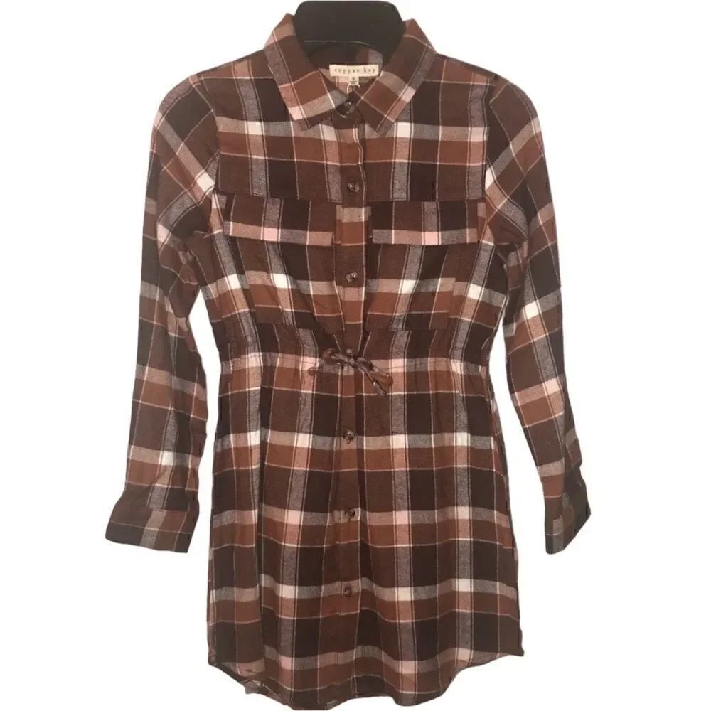 KIDS Girls Copper Key Brown Tan Plaid Long Sleeves Shirt Dress Buttons P…